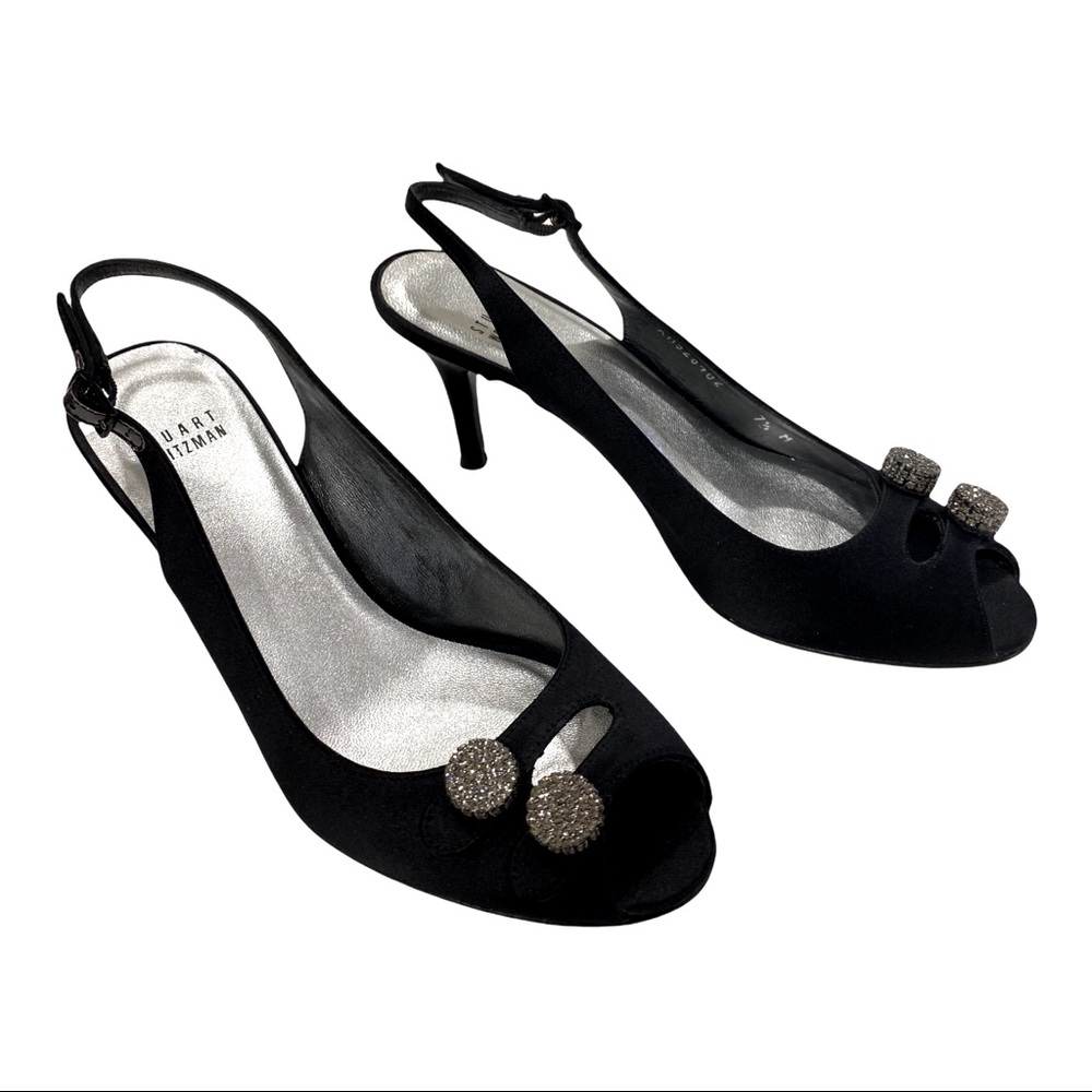 Stuart Weitzman satin black sling back 3” heel,peep toe with rhinestone buttons